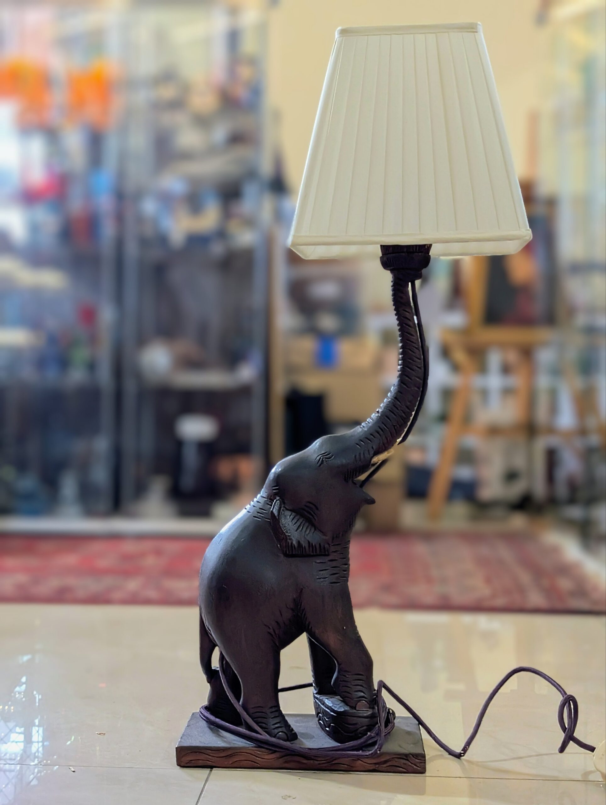Large Hand Carved Elephant Table Lamp – African Safari Interior Décor