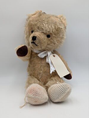 Antique Jointed Teddy Bear With Glass Eyes & Ribbon Bow
