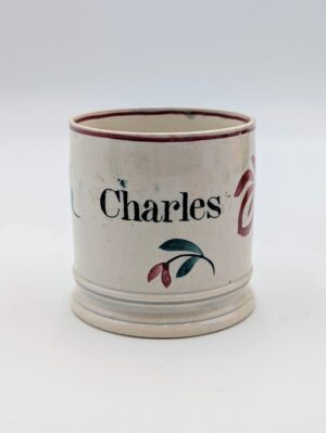 Mid 19th Century Named Pearlware Mug – "Charles" – Hand Decorated Nursery Mug