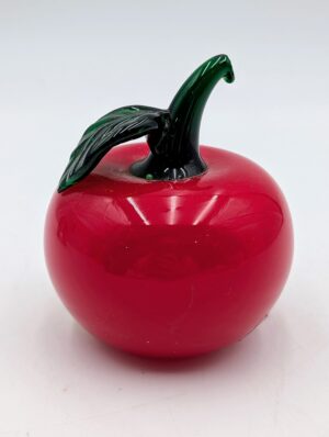 Vintage Red Art Glass Apple Paperweight With Green Stem & Leaf