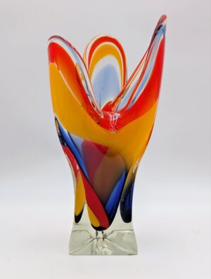 Japanese Iwatsu Art Glass Handkerchief Vase in Red, Amber, White & Blue
