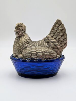 Vintage Blue Glass Hen On Nest Covered Dish With Silver-Tone Hen Lid