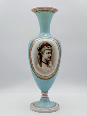 Victorian Opaline Glass Portrait Vase with Hand-Painted Lady Medallion