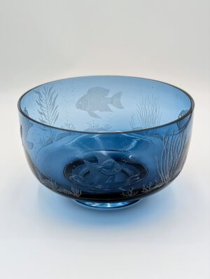 Signed Sir John Everett Blue Engraved Marine Life Art Glass Bowl