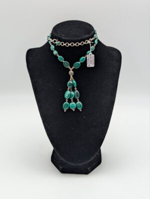 Sterling Silver & Malachite Bead Necklace With Tassel Drop