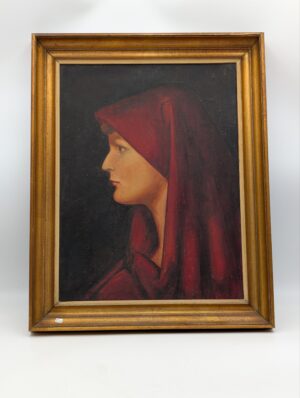 Original Gilt Framed Oil Portrait Painting of Lady in Red Hood