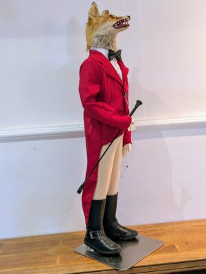 Ironic Taxidermy Fox Huntsman Figure Display – Anthropomorphic Fox in Traditional Hunting Attire