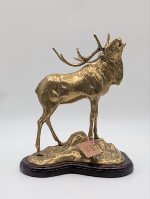 Large Brass Stag Sculpture on Shaped Wooden Plinth
