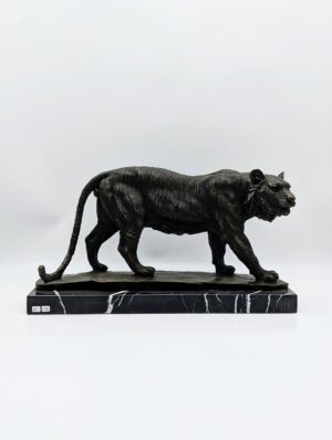 Solid Bronze Tiger Sculpture On Marble Base – Signed Bayre