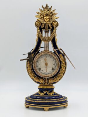 Marie Antoinette Style Lyre Mantel Clock – Blue Porcelain & Gilt Metal – Eight Day Striking Movement