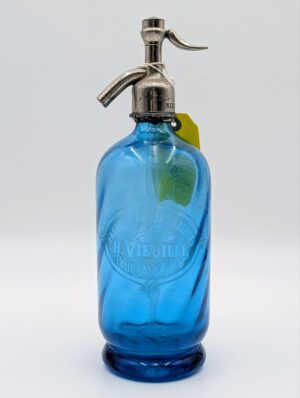 1930s French Blue Glass Soda Siphon By H. Vieville Pont-l'Abbé – Original Metal Head