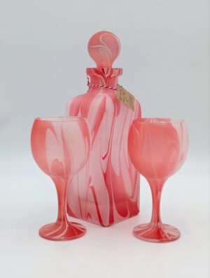 Red & White Swirl Glass Decanter and Pair of Matching Wine Glasses