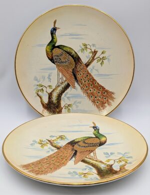 Pair of Antique Hand Painted & Hand Gilded Peacock Cabinet Plates