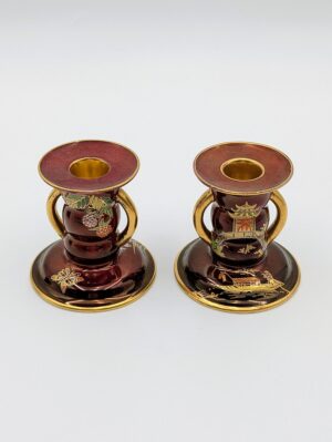 Pair of Carlton Ware Rouge Royale Hand Painted & Gilded Candlesticks