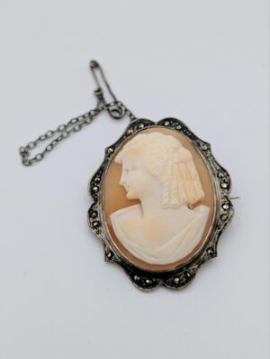 Sterling Silver Marcasite Cameo Brooch Pendant
