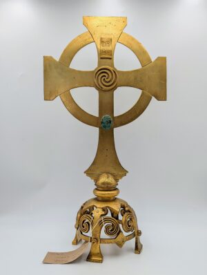 Large Antique French Brass Celtic Cross On Ornate Stand