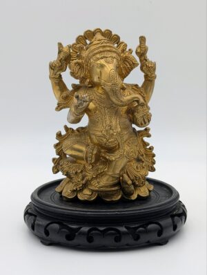 Very Heavy Gilded Brass Ganesh Figure on Carved Rootwood Stand