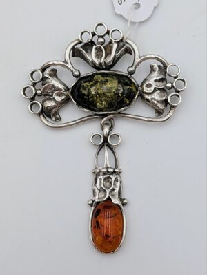 Large Sterling Silver & Baltic Amber Art Nouveau Style Pendant