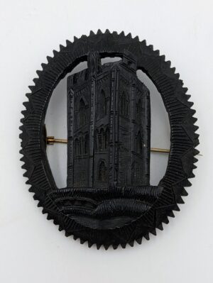 Large Antique Carved Bog Oak Architectural Brooch