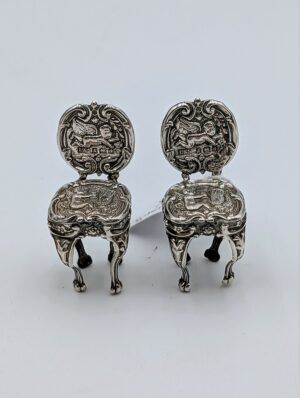 Pair of Antique Sterling Silver Miniature Chairs – Cherub Decoration
