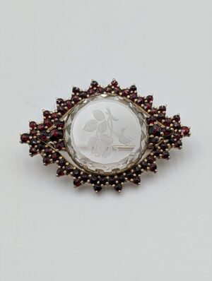 Antique Sterling Silver Garnet & Engraved Rock Crystal Brooch