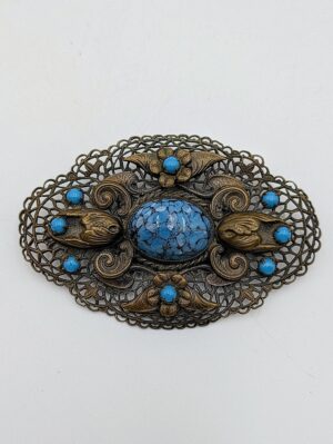 Vintage Czech Filigree Turquoise Glass Brooch