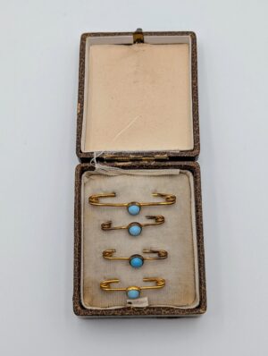 Edwardian Pinchbeck & Turquoise Glass Cabochon Brooch Pins – Set of Four in Original Box