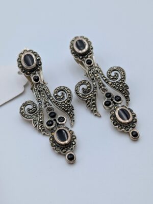 Vintage Sterling Silver Onyx & Marcasite Drop Clip-On Earrings