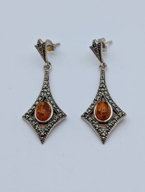 Sterling Silver Amber & Marcasite Art Deco Style Drop Earrings