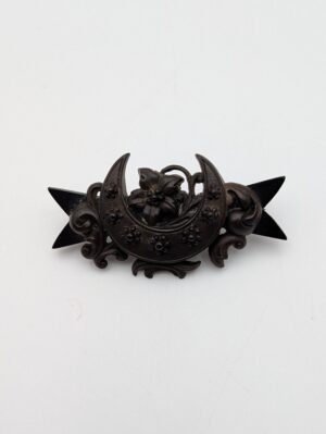 Antique Victorian Irish Bog Oak Forget-Me-Not Crescent Brooch