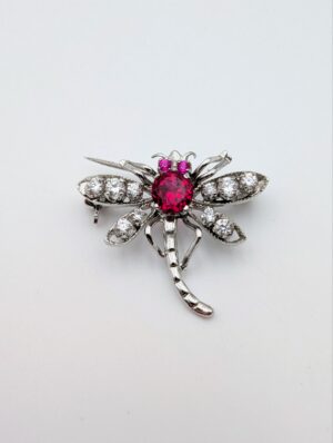 Sterling Silver Ruby & White Stone Dragonfly Brooch