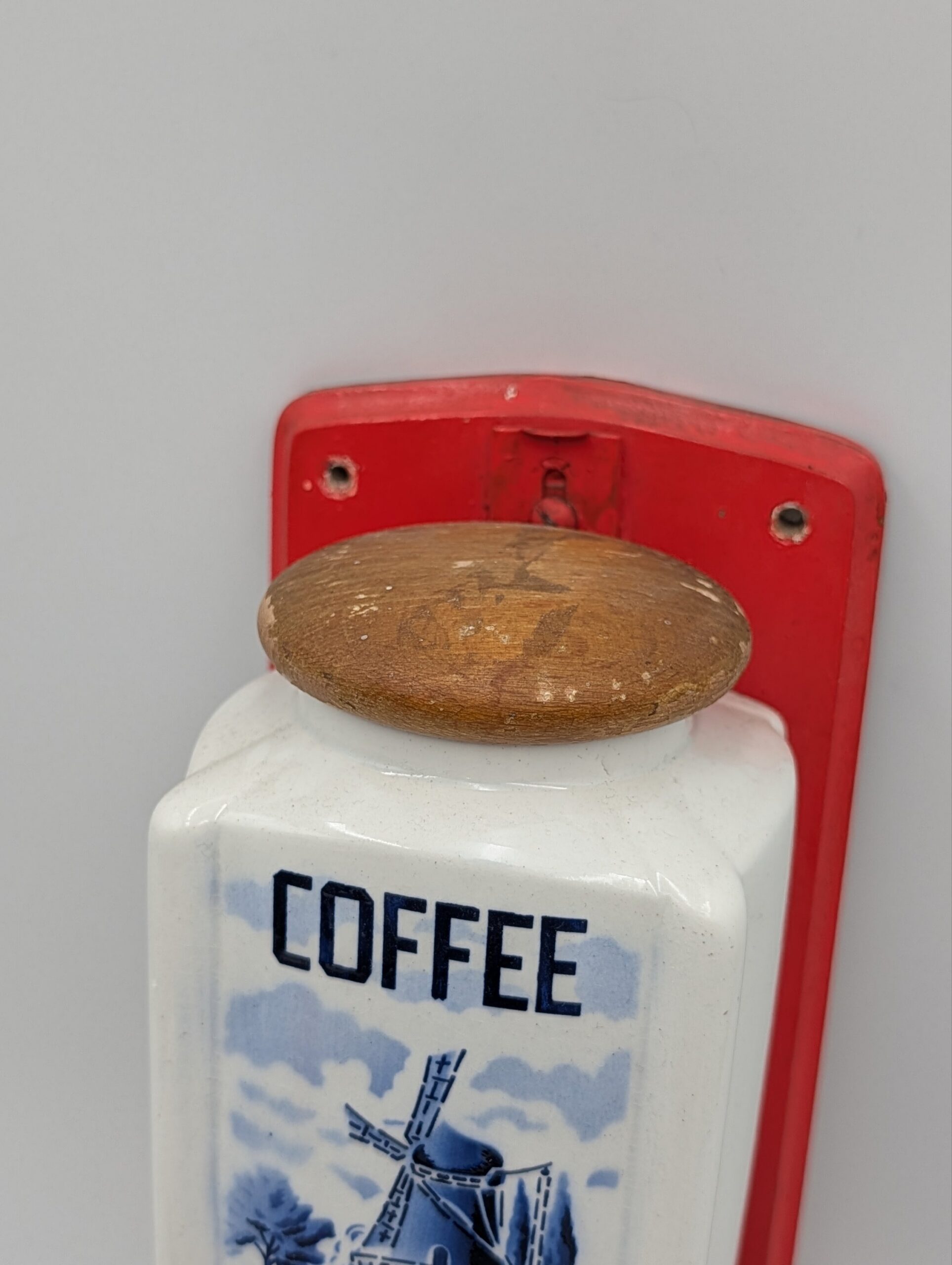 Antique Dutch Wall-Mounted Coffee Grinder with Ceramic Hopper & Original Glass Catcher - Image 2