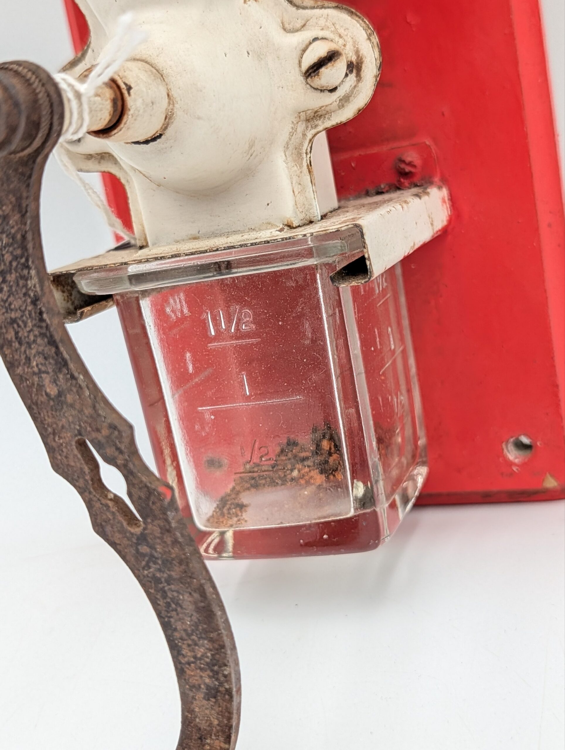 Antique Dutch Wall-Mounted Coffee Grinder with Ceramic Hopper & Original Glass Catcher - Image 4