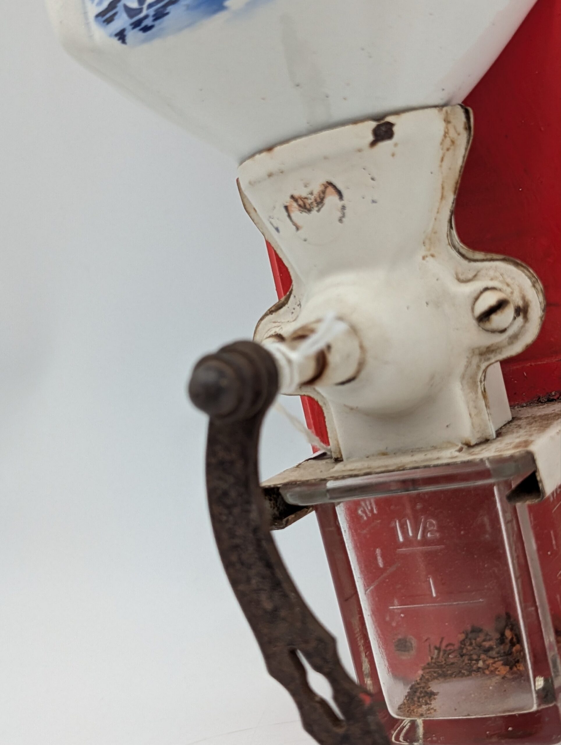 Antique Dutch Wall-Mounted Coffee Grinder with Ceramic Hopper & Original Glass Catcher - Image 5