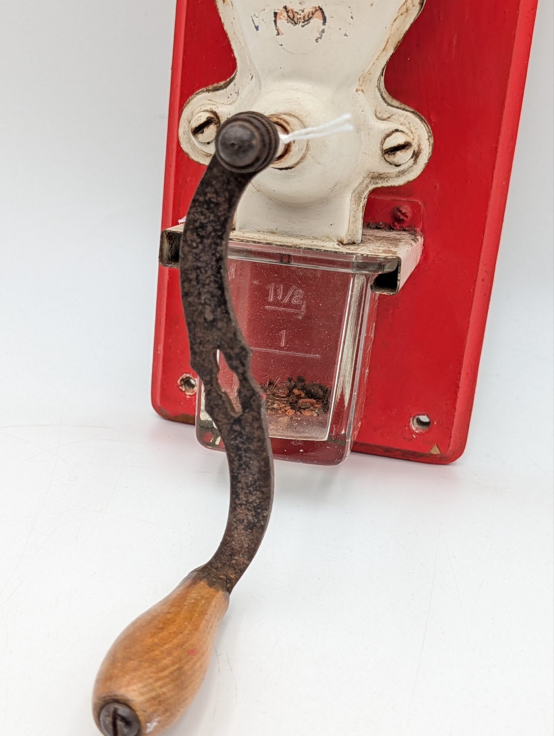 Antique Dutch Wall-Mounted Coffee Grinder with Ceramic Hopper & Original Glass Catcher - Image 3