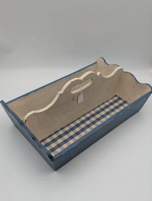 Vintage Blue & Cream Painted Wooden Cutlery Tray with Gingham Lining