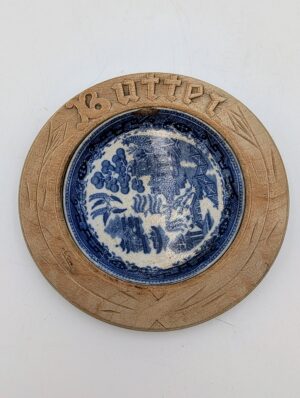 Antique Blue & White Willow Pattern Butter Dish in Carved Wooden Surround
