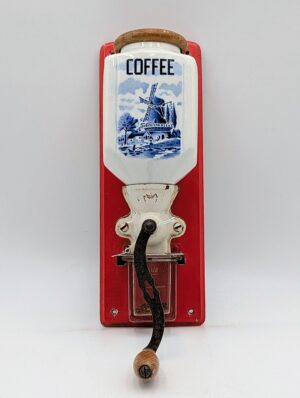 Antique Dutch Wall-Mounted Coffee Grinder with Ceramic Hopper & Original Glass Catcher
