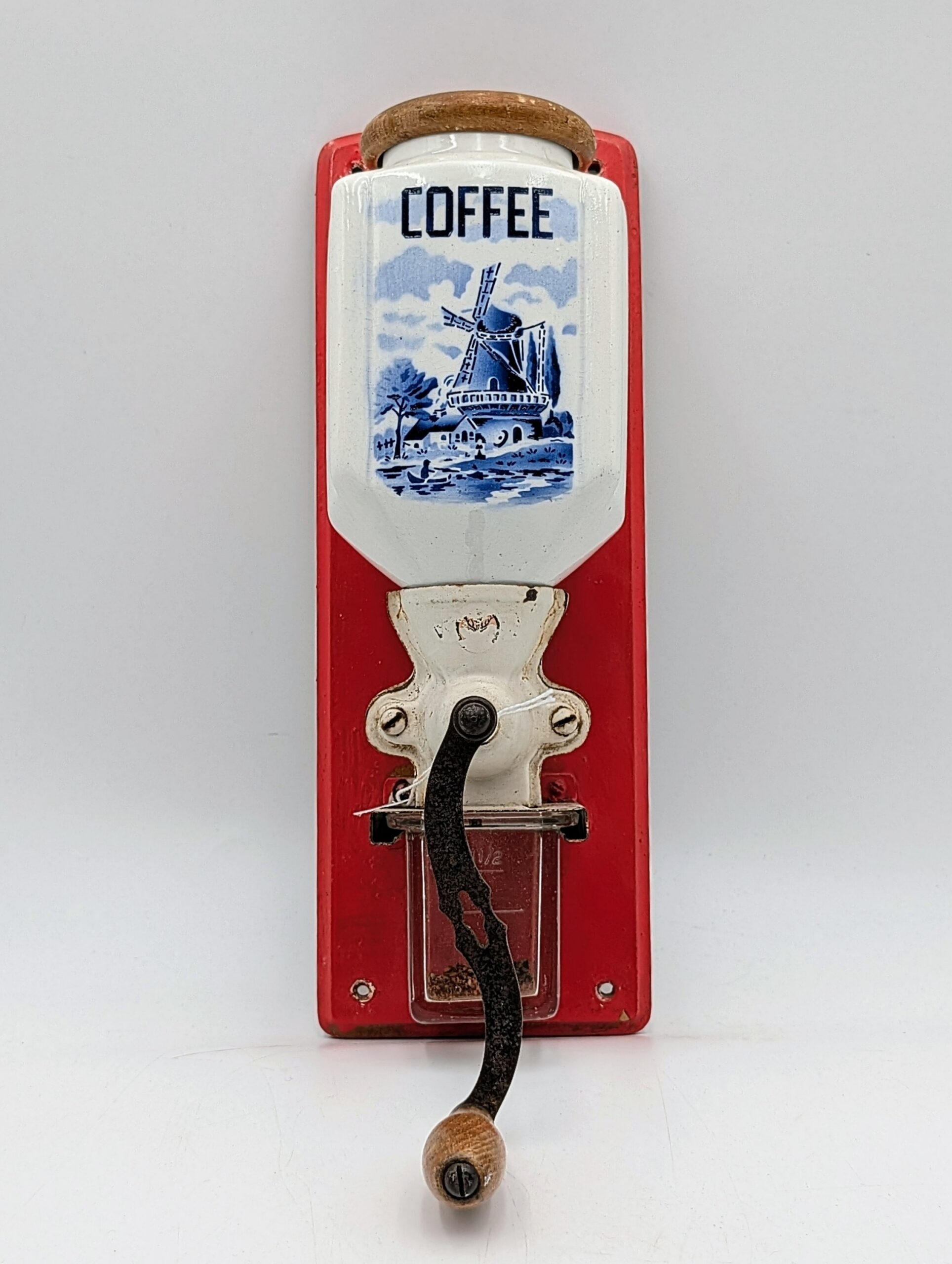 Antique Dutch Wall-Mounted Coffee Grinder with Ceramic Hopper & Original Glass Catcher