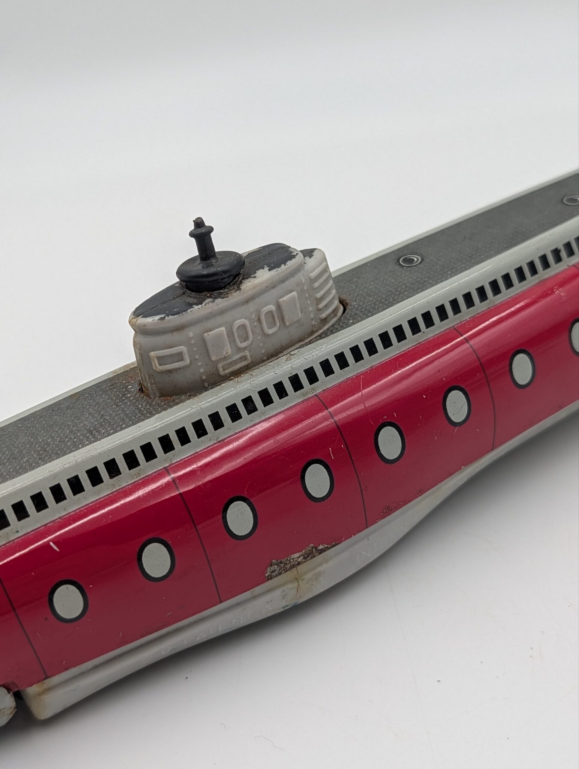 Vintage German Schuco Tinplate Clockwork Submarine – Red & Silver - Image 3