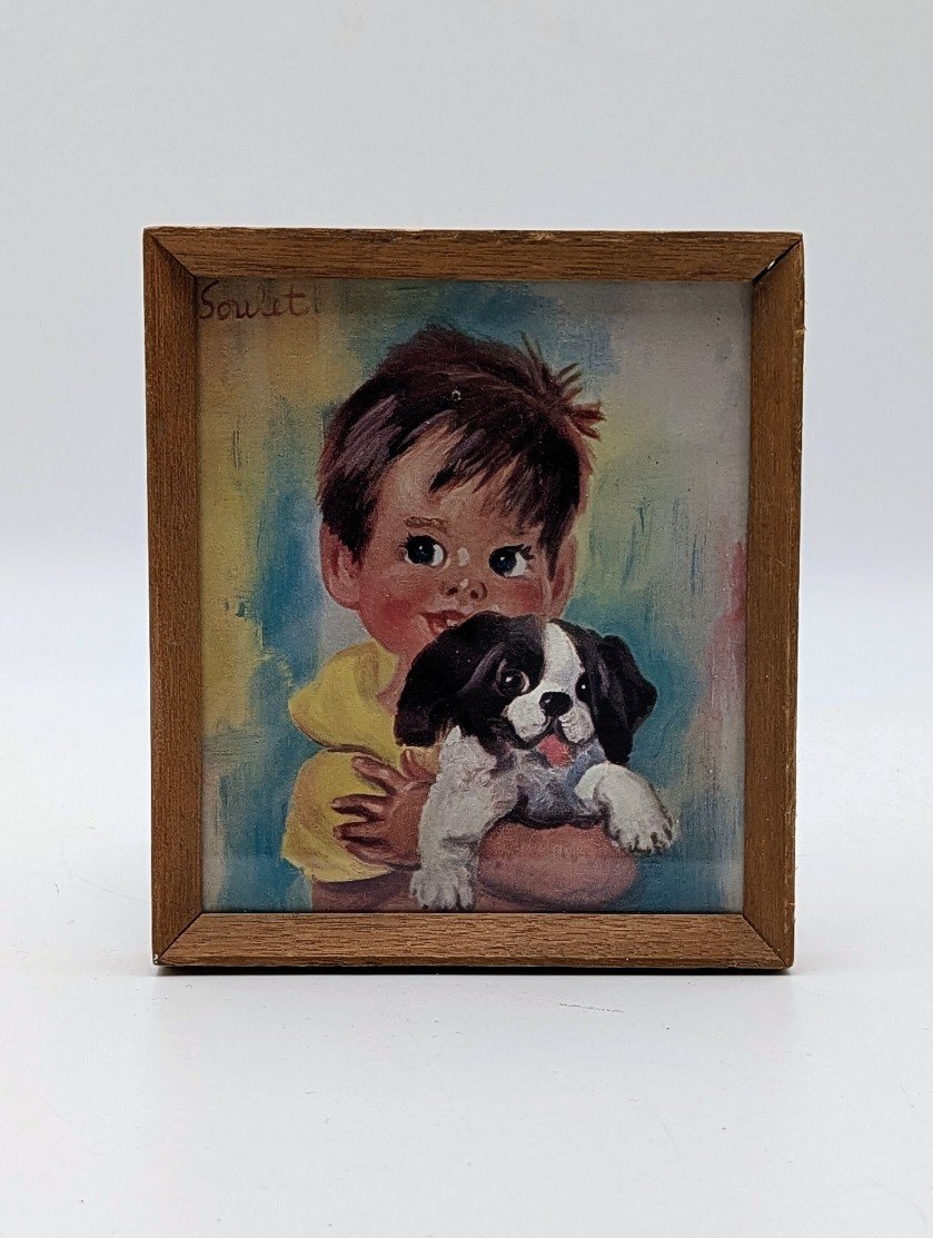 Vintage 1960s Sowett Boy & Puppy Framed Print