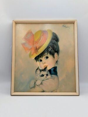 1960s Vintage Big-Eyed Girl with Kitten Framed Print – Signed Strevens