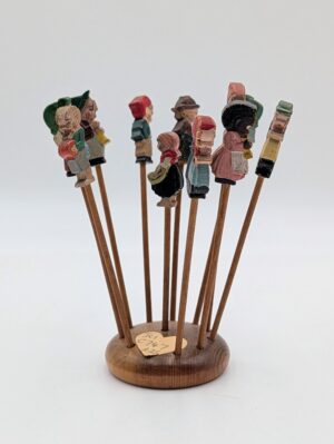 Vintage Kitsch Hand-Painted Figural Cocktail Sticks with Wooden Stand
