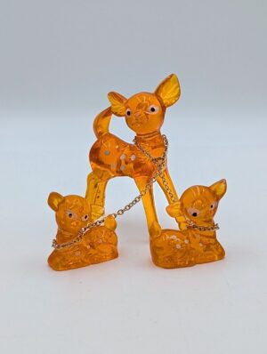 1950s Kitsch Amber Lucite Deer Family Ornament