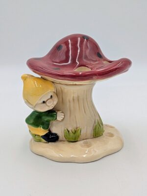 Vintage Kitsch Gnome & Toadstool Ceramic Flower Frog Vase