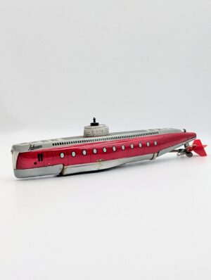 Vintage German Schuco Tinplate Clockwork Submarine – Red & Silver