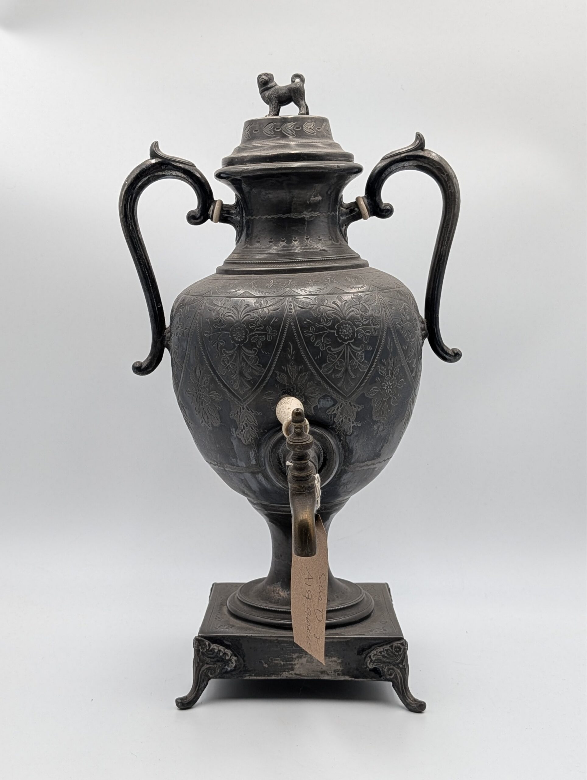 19th Century Engraved Pewter Samovar with Dog Finial & Bone Handle Tap - Image 7