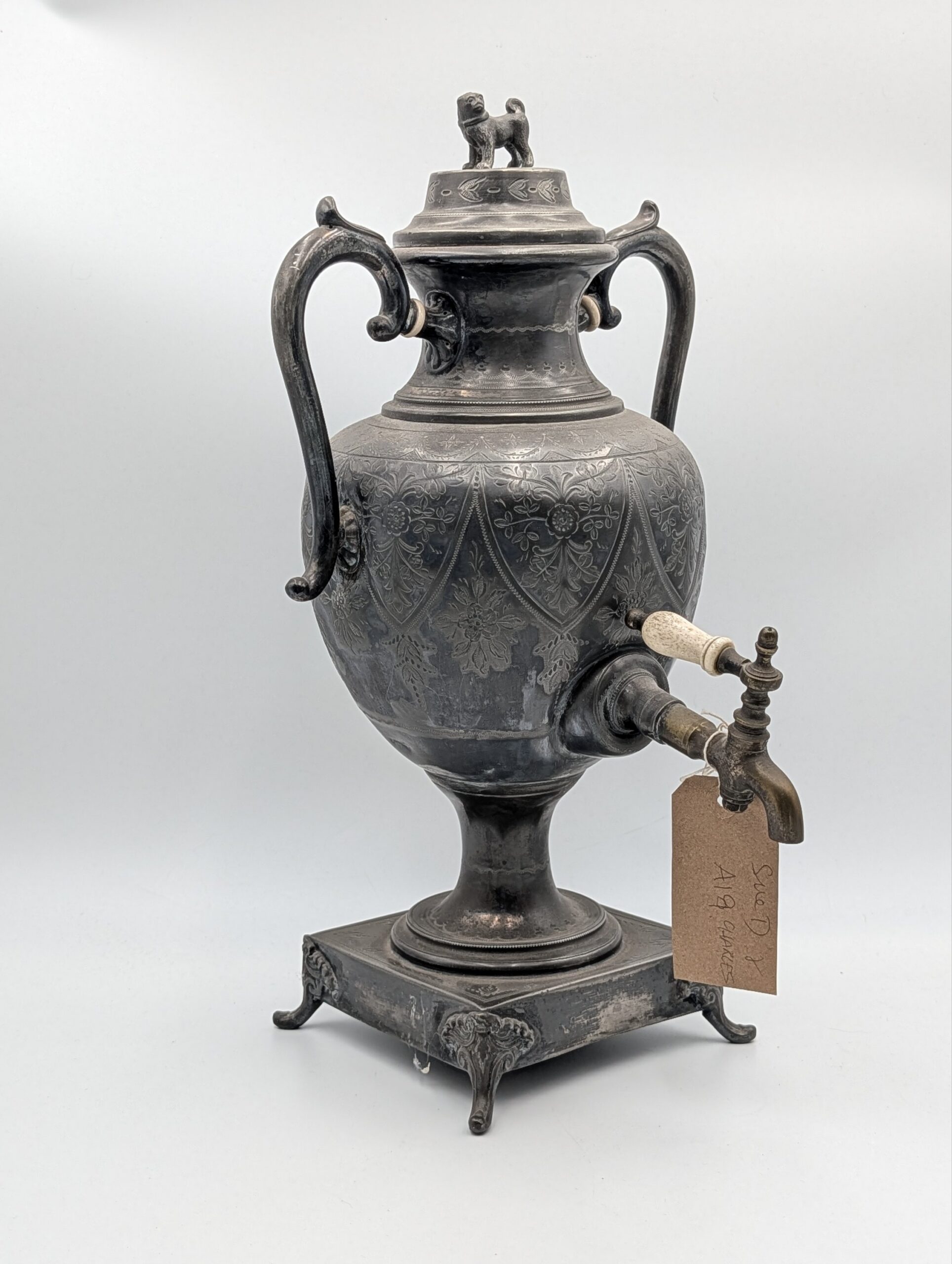 19th Century Engraved Pewter Samovar with Dog Finial & Bone Handle Tap - Image 5