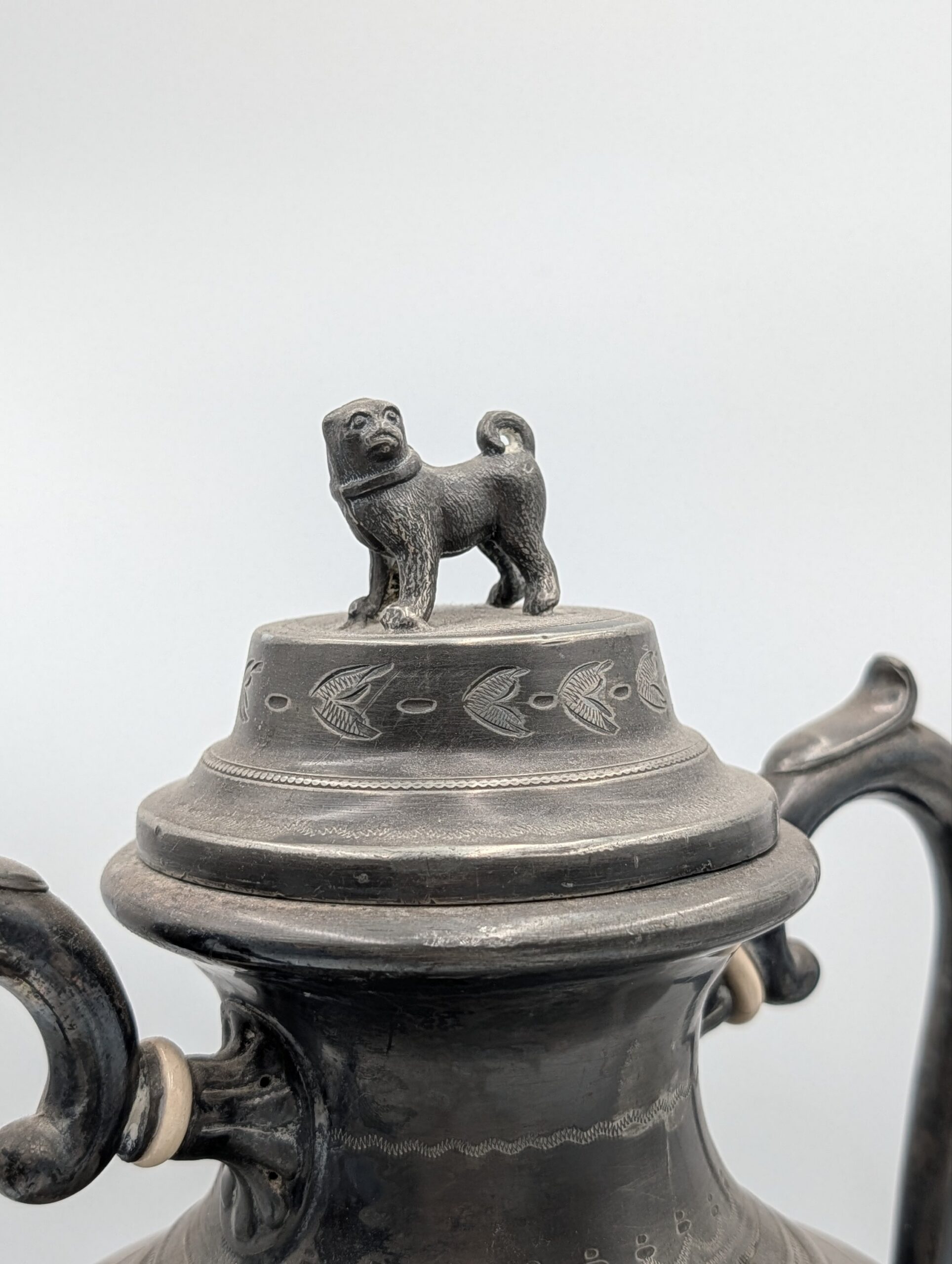 19th Century Engraved Pewter Samovar with Dog Finial & Bone Handle Tap - Image 8