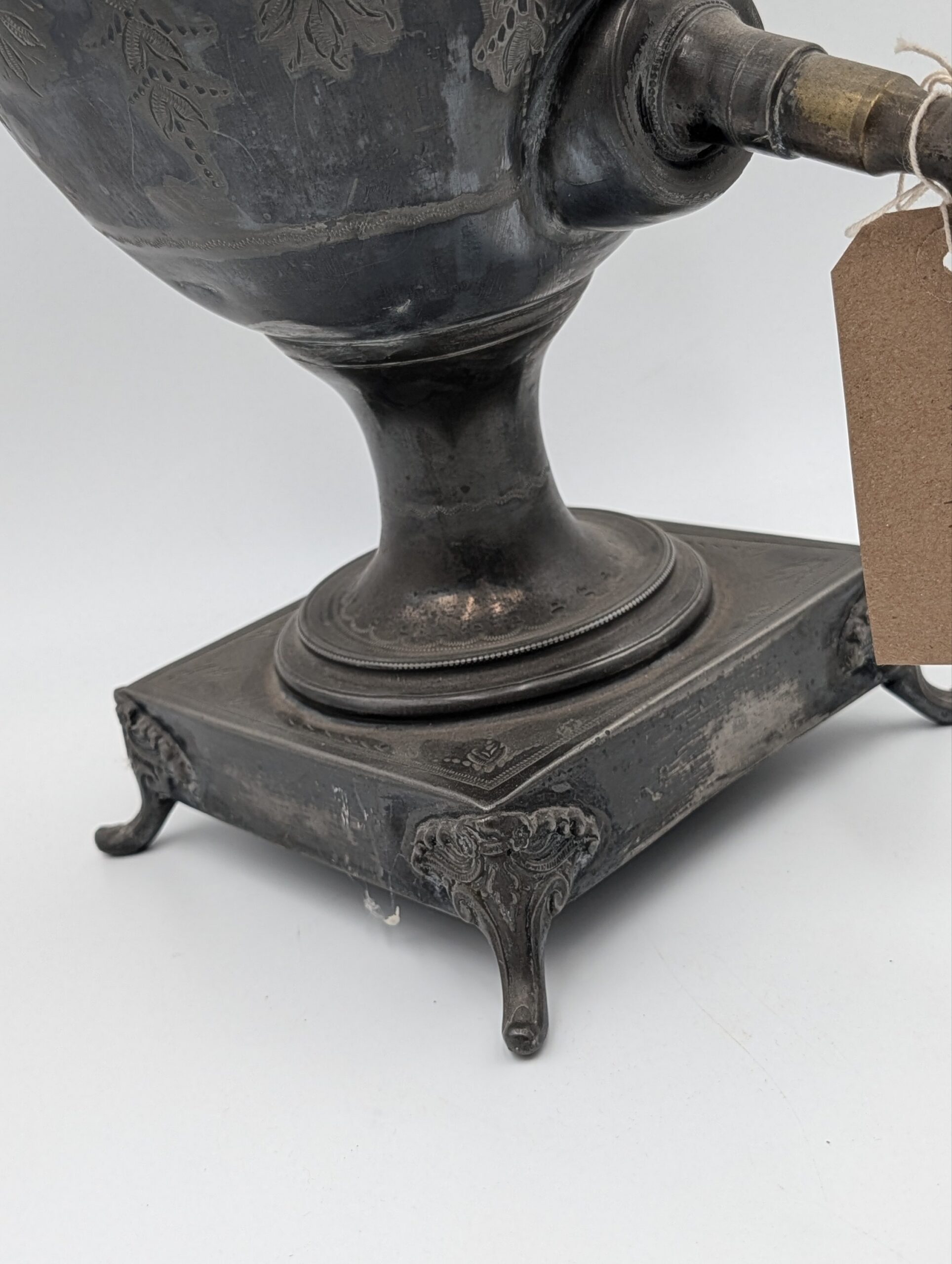 19th Century Engraved Pewter Samovar with Dog Finial & Bone Handle Tap - Image 2